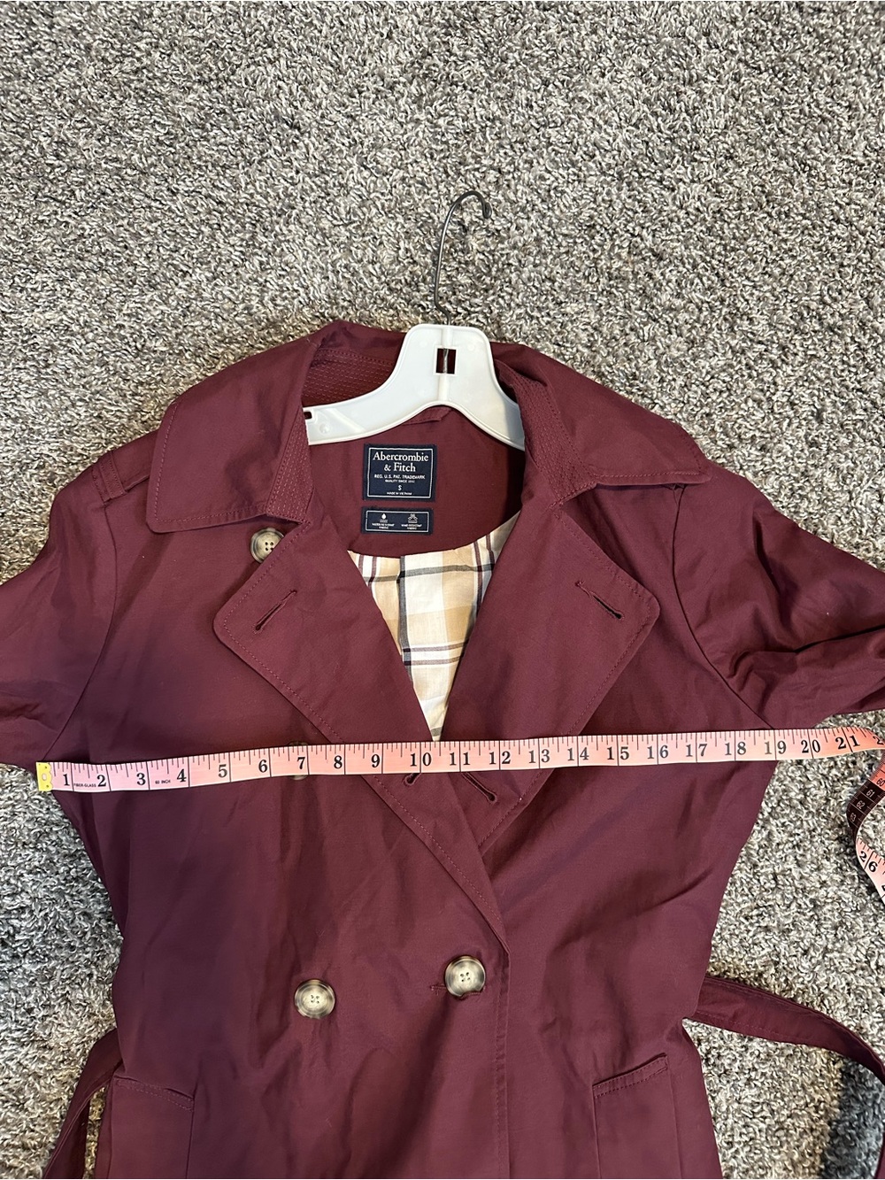 Abercrombie & Fitch Burgundy Double-Breasted Trench Coat Size Small - Picture 10 of 12